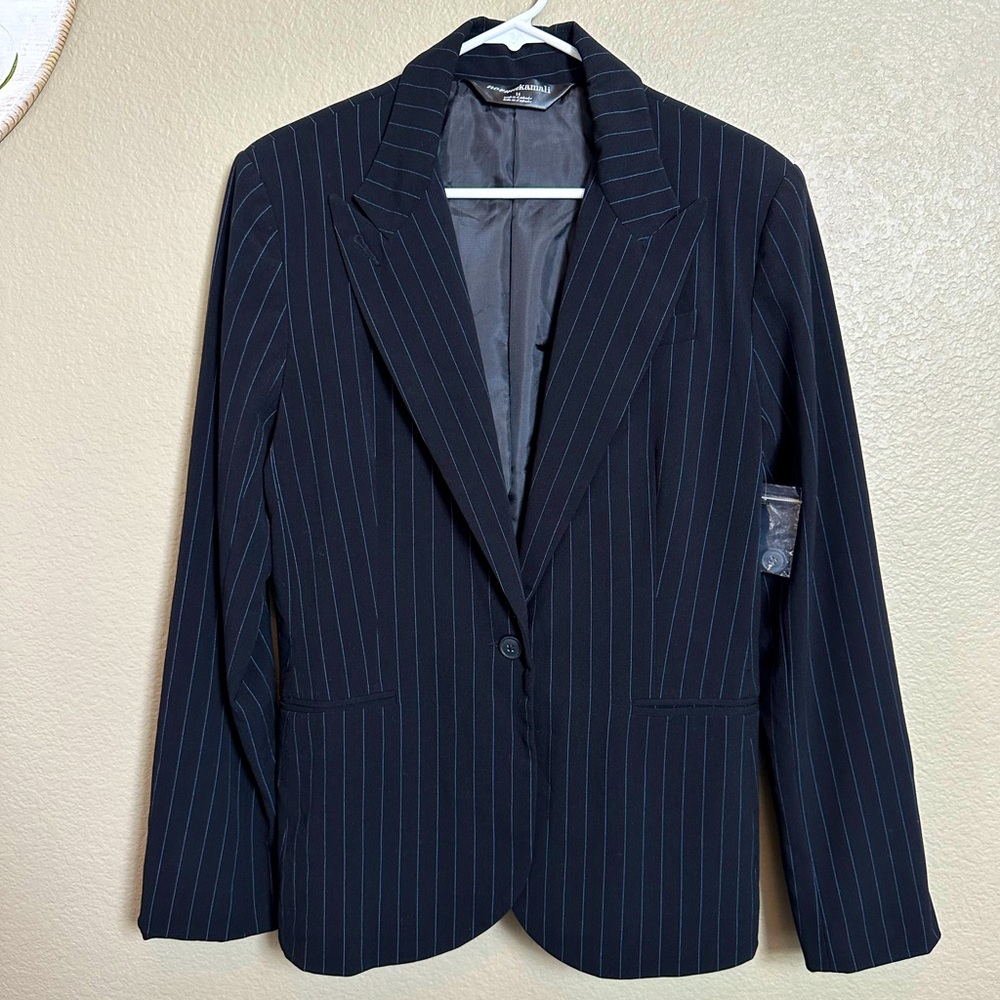 NWOT Norma Kamali Blue Pinstripe Black Single Button Blazer
